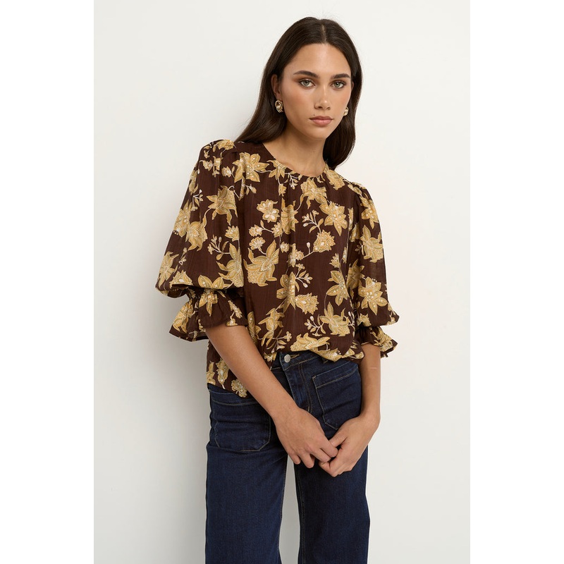 Candid Chocolate Khaki Floral Frill Sleeve Crew Neck SS Top