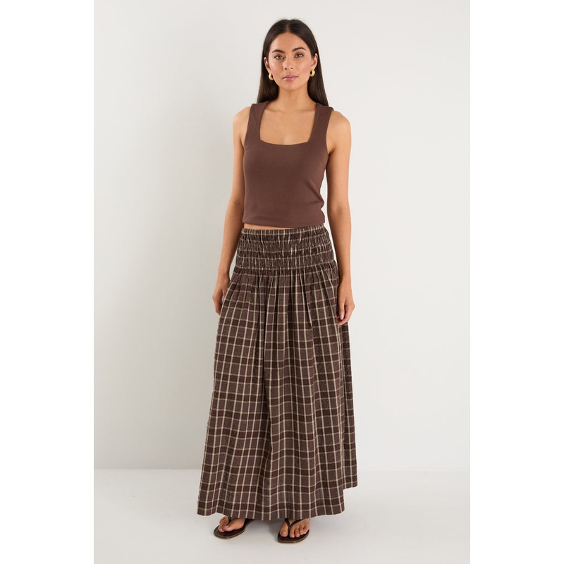 Cheerful Chocolate Gingham Shirred Waist Maxi Skirt