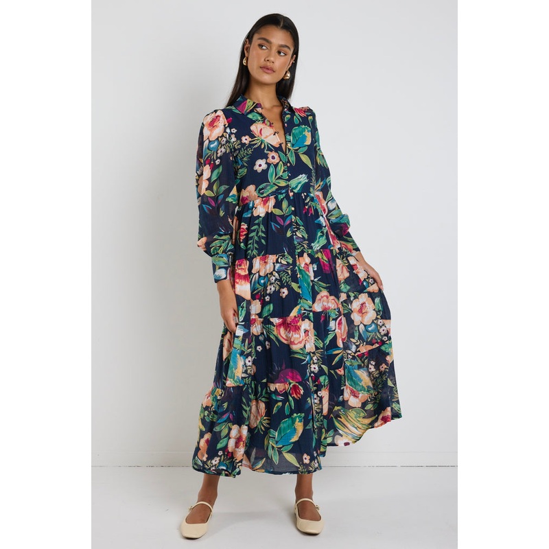 Adair Navy Vibrant Floral Long Sleeve Tiered Shirt Style Maxi Dress