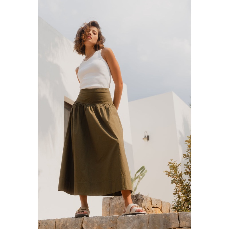 Affinity Khaki Cotton Shirred Back Tiered Maxi Skirt