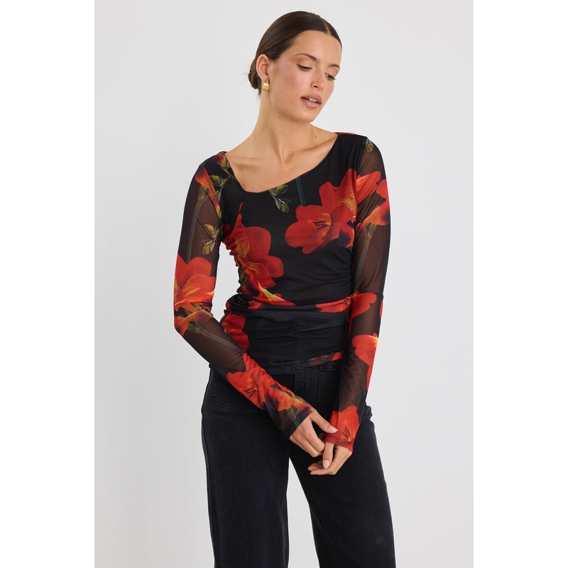 Askew Red Floral Mesh Asymmetrical LS Top