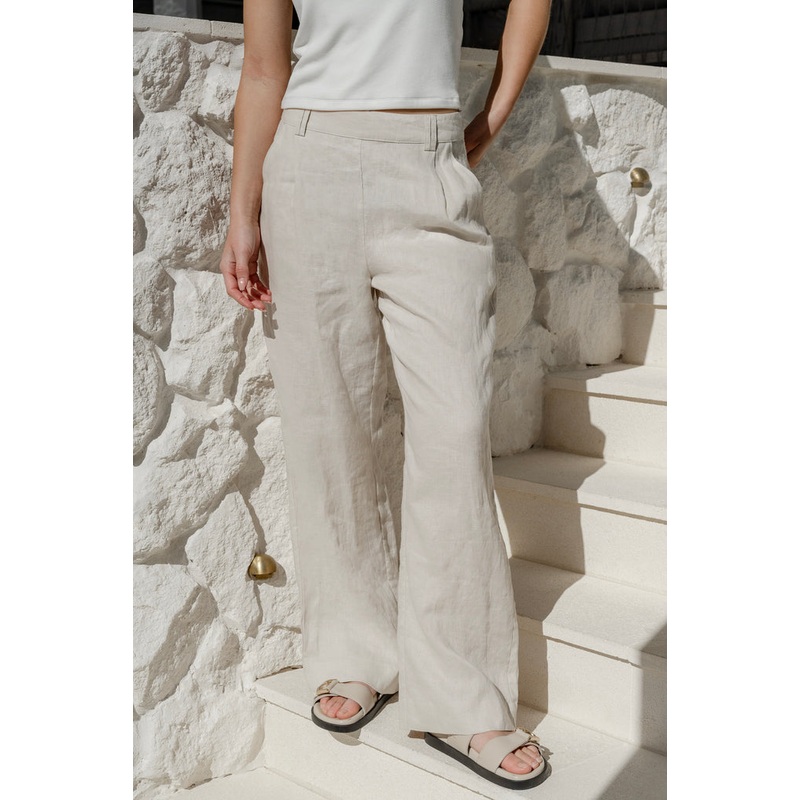 Bestow Pumice Linen Elastic Back Wide Leg Pants