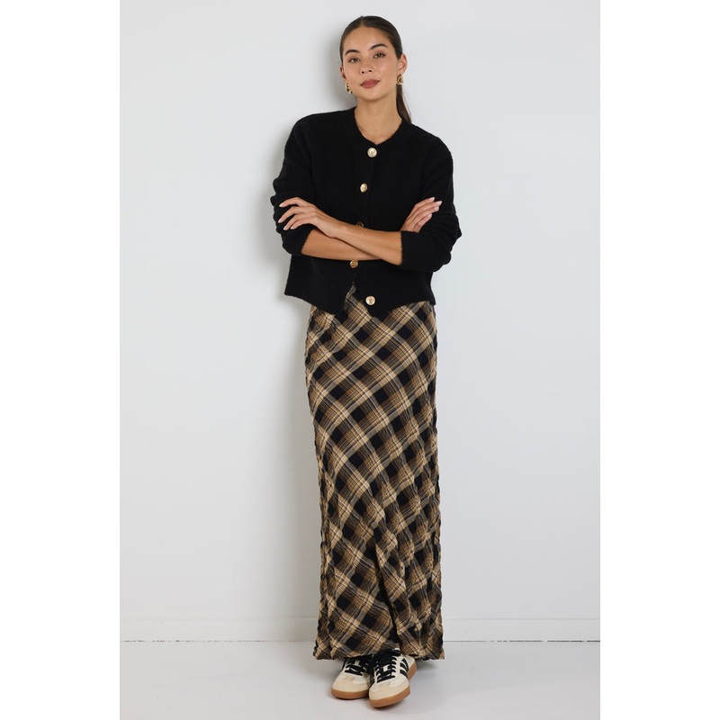 Breathe Caramel Check Bias Maxi Skirt