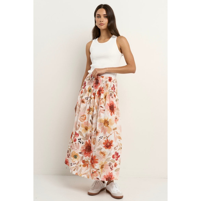 Cheerful Sunrise Meadow Shirred Waist Maxi Skirt