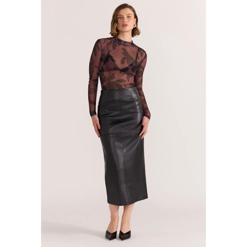 Edie Black Faux Leather Midi Skirt
