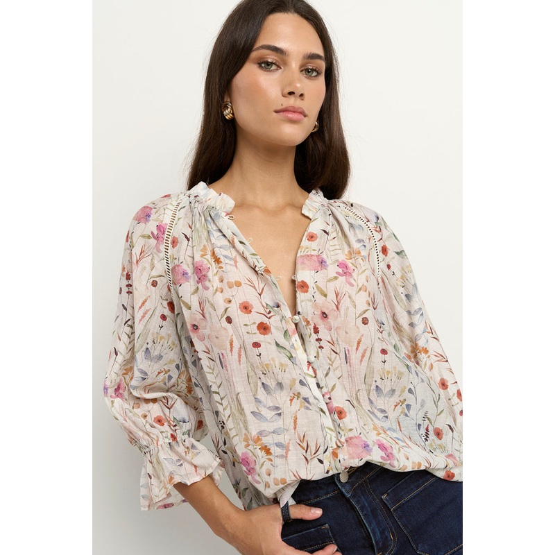 Encounter Cream Floral Gathered Button Front Top