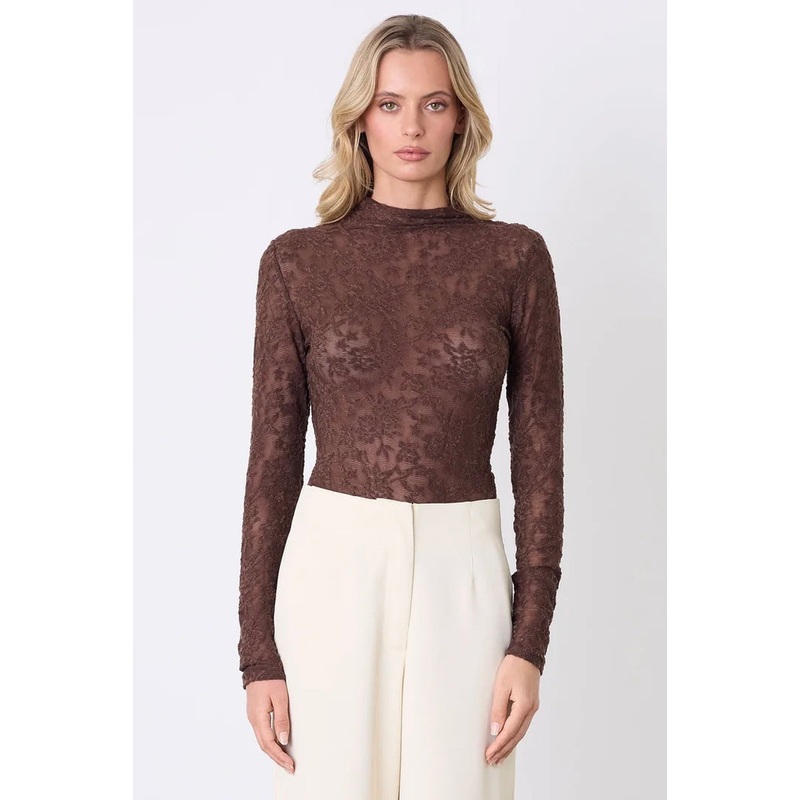 Forgiven Chocolate Textured Lace LS Top