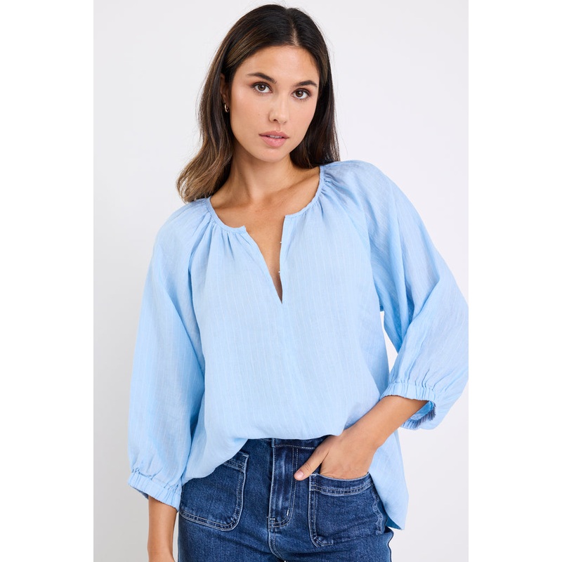 Revolutionary Sky Blue Stripe Linen Relaxed LS Top