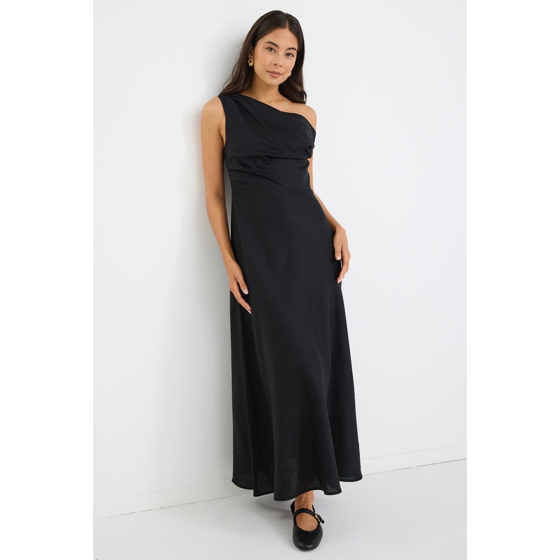 Spotlight Black Linen Blend Off Shoulder Flare Midi Dress