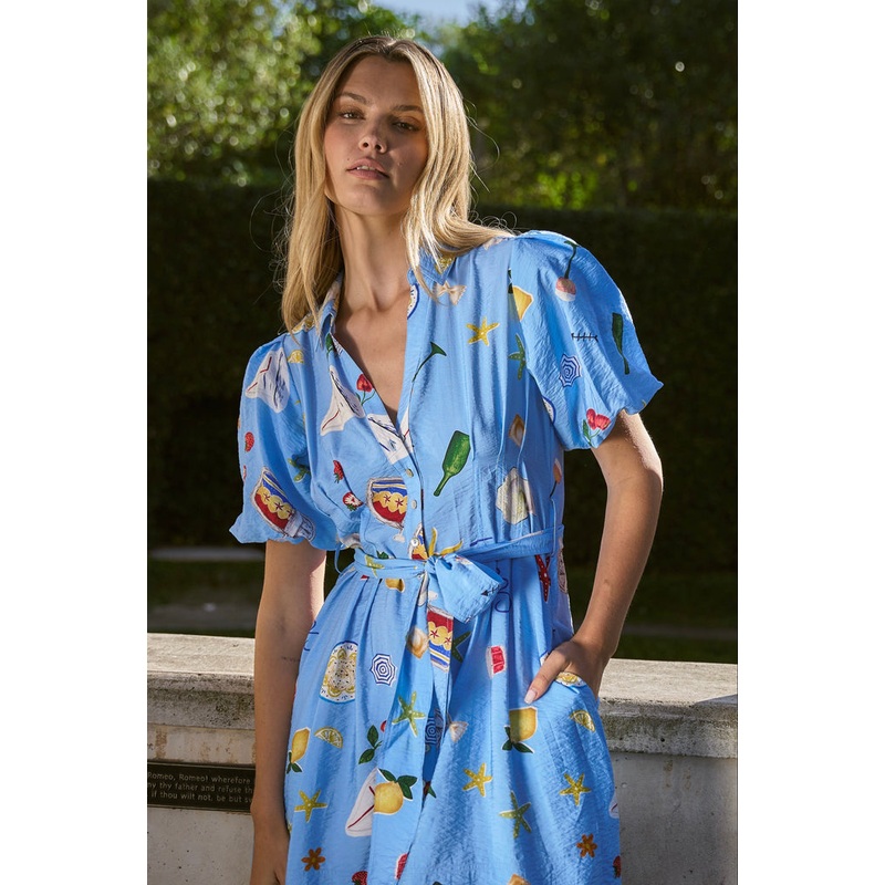 Sundown Blue Holiday Puff Short Sleeve Mini Shirt Dress