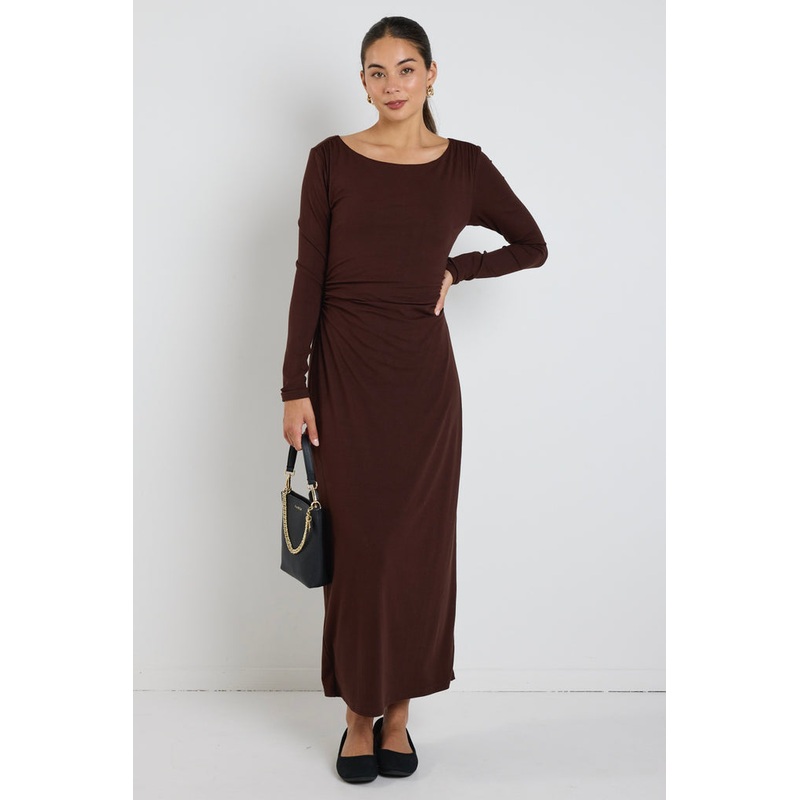 Vertigo Dark Chocolate Jersey LS Midi Dress