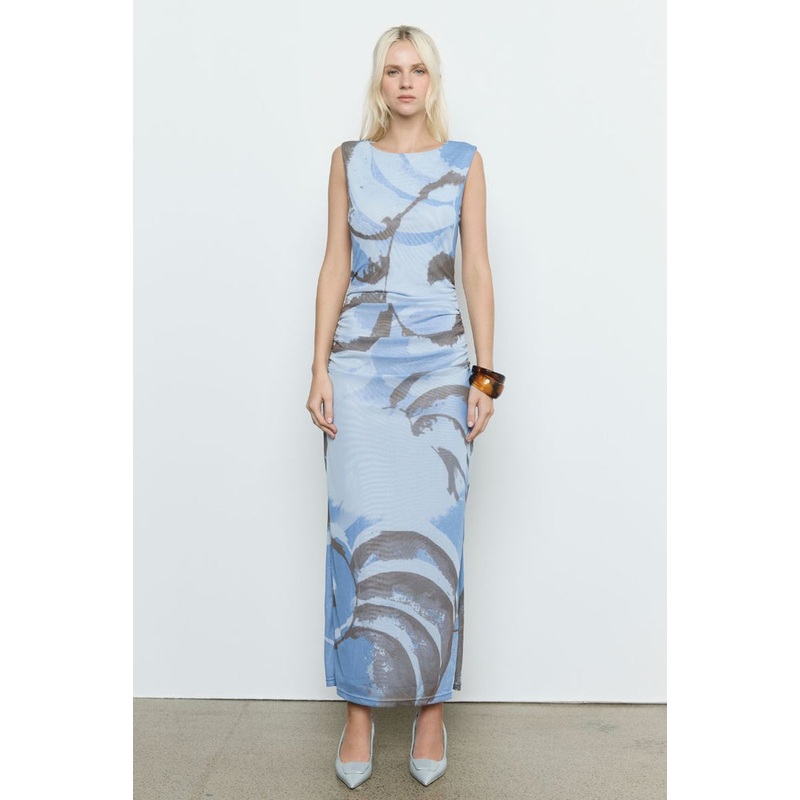 Whirl Slate Mesh Print Sleeveless Maxi Dress