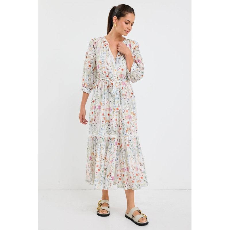 Wisdom Cream Floral Balloon Sleeve Midi Shirt Dress