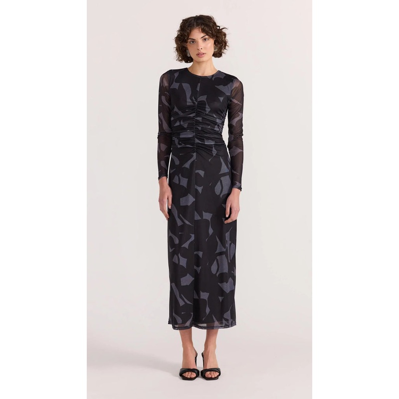Aura Black Abstract Mesh LS Midi Dress