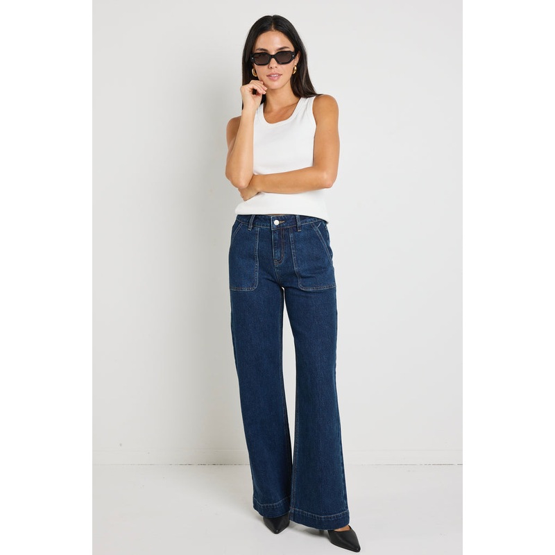Feature Indigo Mid Rise Front Pocket Wide Leg Jean