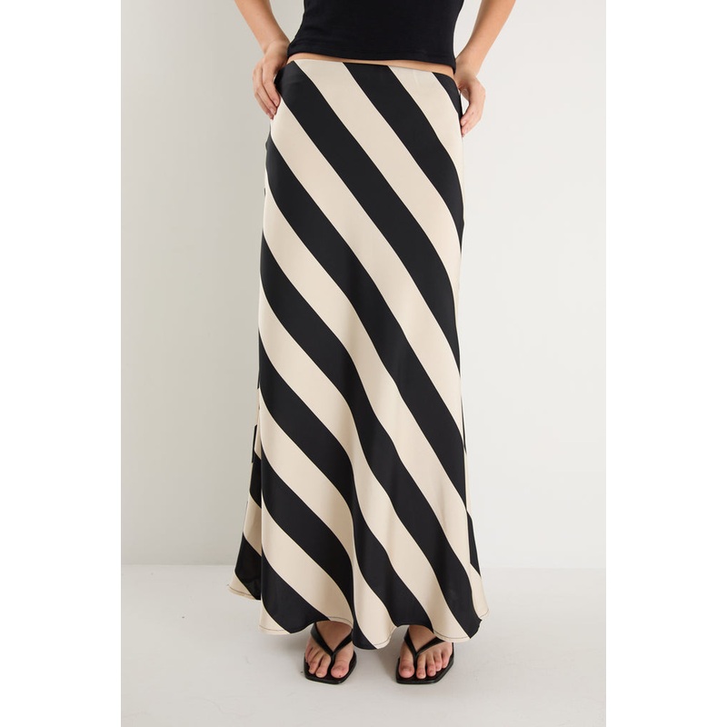 Fiery Black Sand Stripe Satin Bias Maxi Skirt