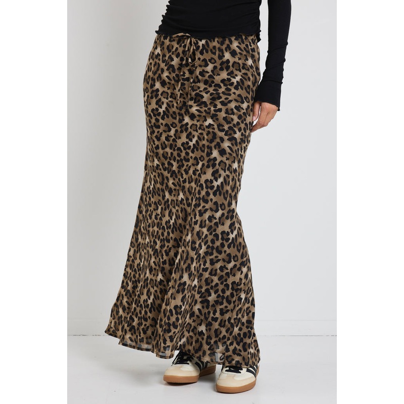 Rally Leopard Tie Waist Bias Maxi Skirt