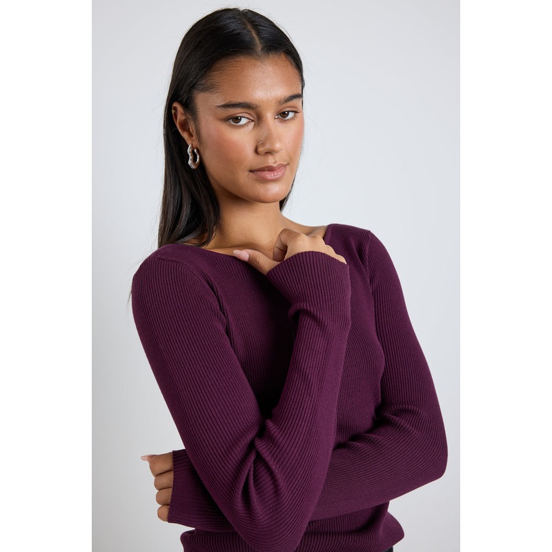 Action Burgundy Plum Boatneck Rib LS Knit Top