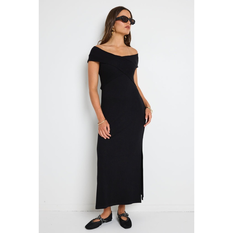 Alfa Black Rib Off Shoulder SS Midi Dress