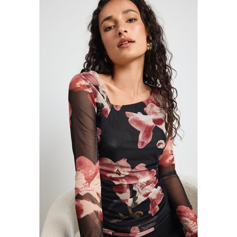 Askew Blush Floral Mesh Asymmetrical LS Top