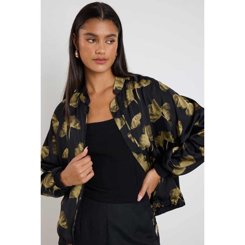 Aspire Black Khaki Floral Satin Bomber Jacket