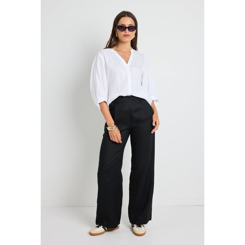 Bestow Black Linen Elastic Back Wide Leg Pants