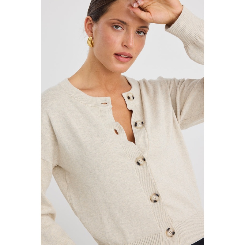 Delight Oat Marle Cotton Fine Knit Crew Cardigan