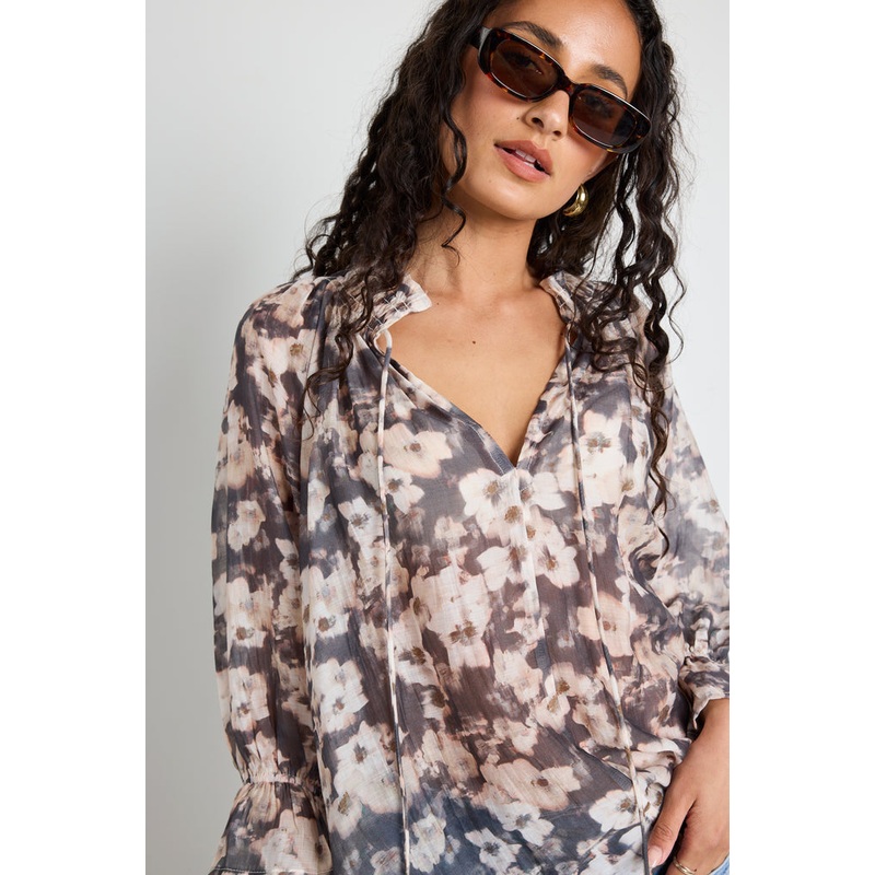 Expedition Charcoal Floral Shirred Neck SS Top