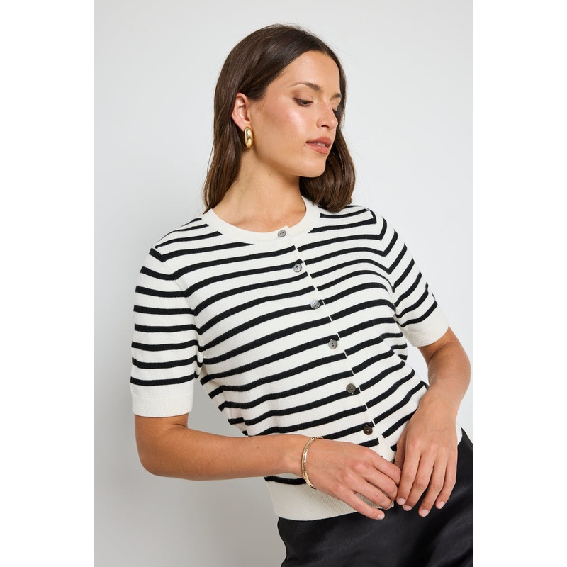 Mime Black Stripe Cashmere Blend Fine Knit SS Cardigan