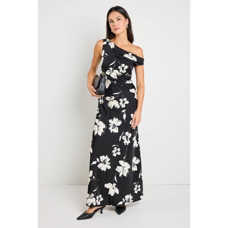 Spotlight Black Floral Satin Off Shoulder Flare Midi Dress