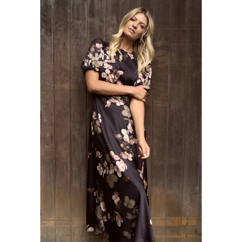 Stage Black Floral Satin Puff Sleeve Floaty Maxi Dress