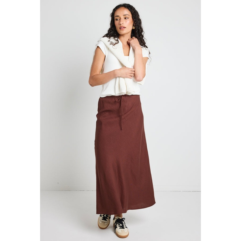Summit Chocolate Linen Blend Tie Waist Bias Maxi Skirt