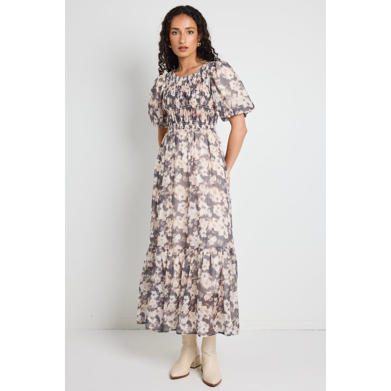 Vacancy Chocolate Floral Puff Sleeve Shirred Maxi Dress