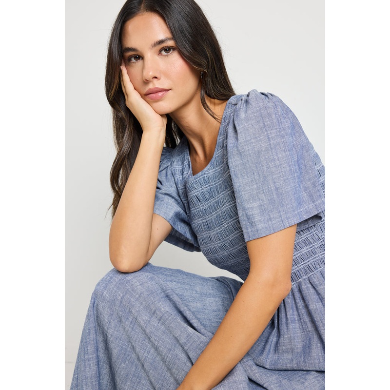 Wren Chambray Blue SS Shirred Bodice Midi Dress