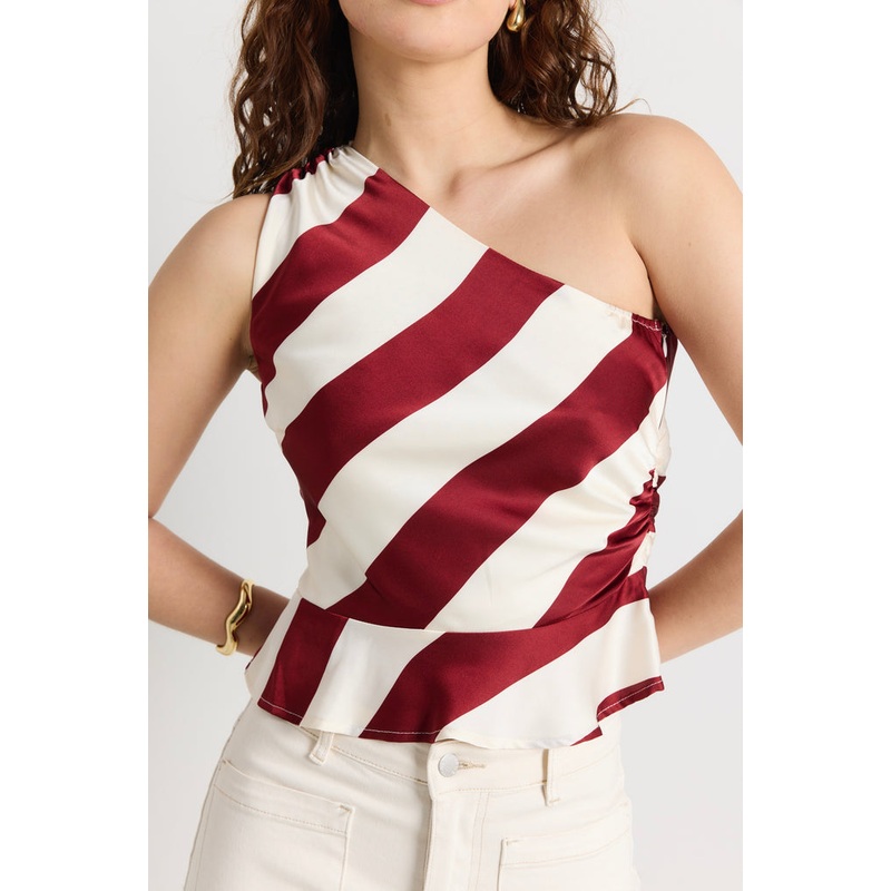 Fiction Plum Stripe Satin One Shoulder Top