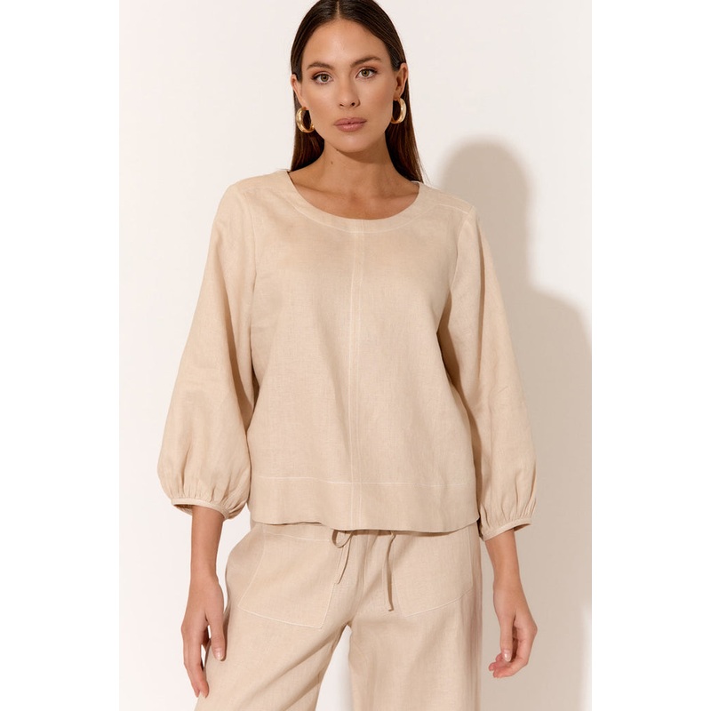 Mia Camel Contrast Stitch Linen Top