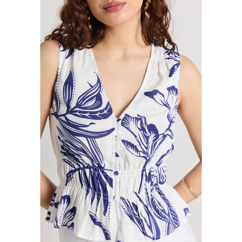 Pegasus Navy Silhouette Button Front Sleeveless Top