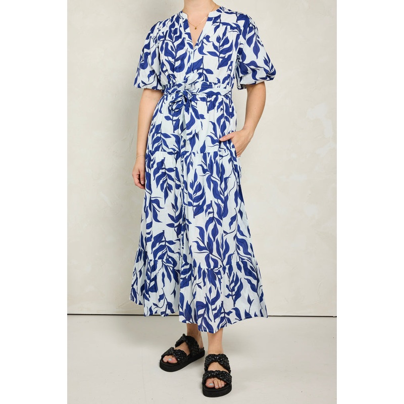 Solution Blue Leaves Print SS Tiered Shirt Dress