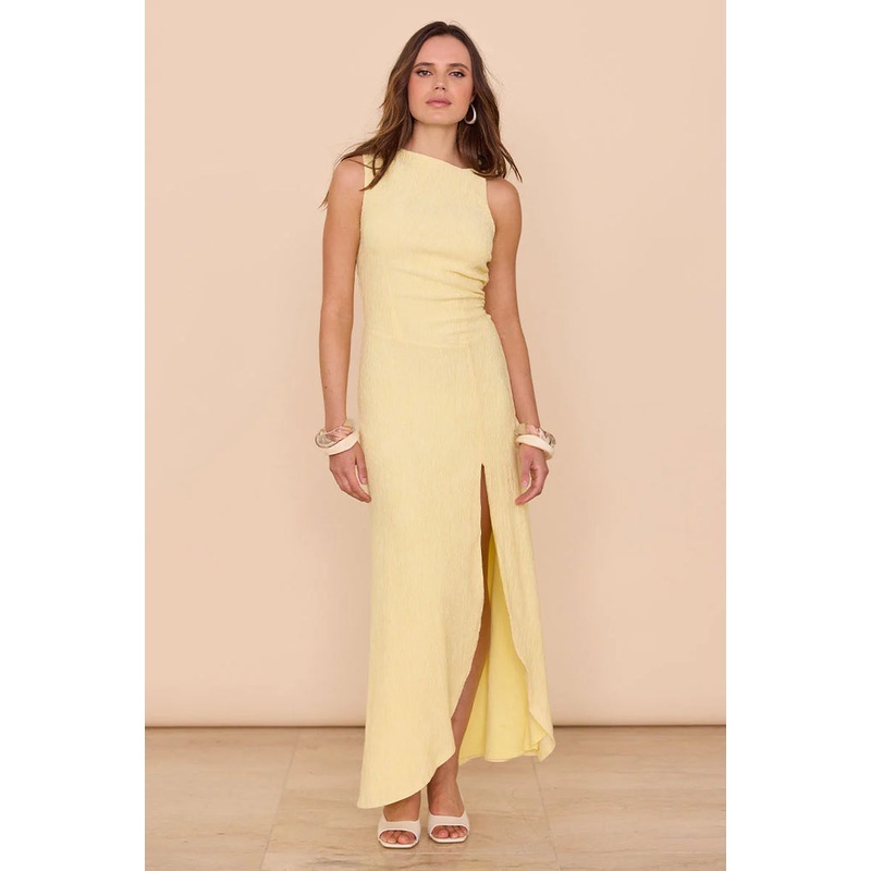 Summon Soft Yellow Textured Scoop Split Maxi Dress