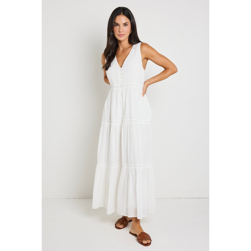 Villa White Cotton Voile Sleeveless Button Front Tiered Maxi Dress