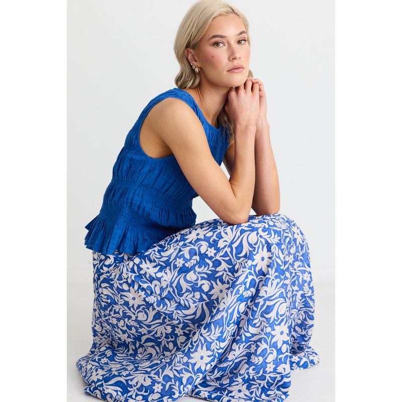 Affinity Blue Batik Shirred Back Tiered Maxi Skirt