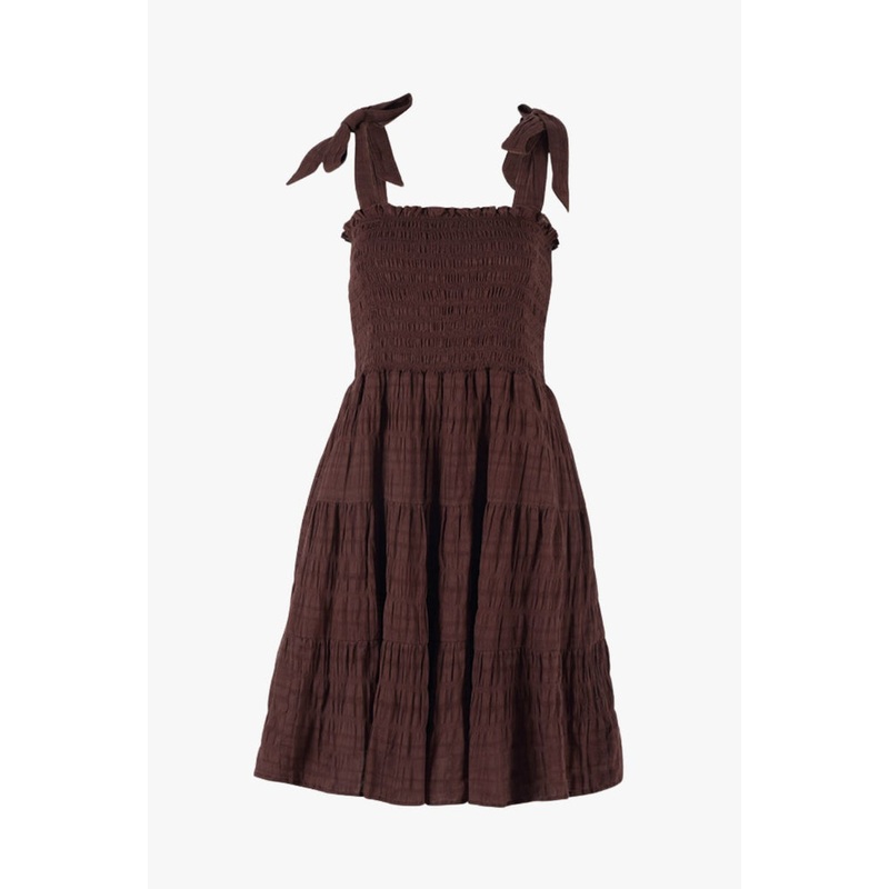 Arabella Chocolate Shirred Cotton Tie Strappy Mini Dress