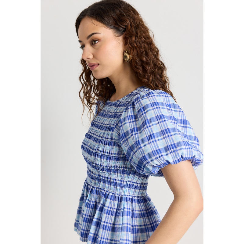 Beholden Blue Check Shirred Short Sleeve Top