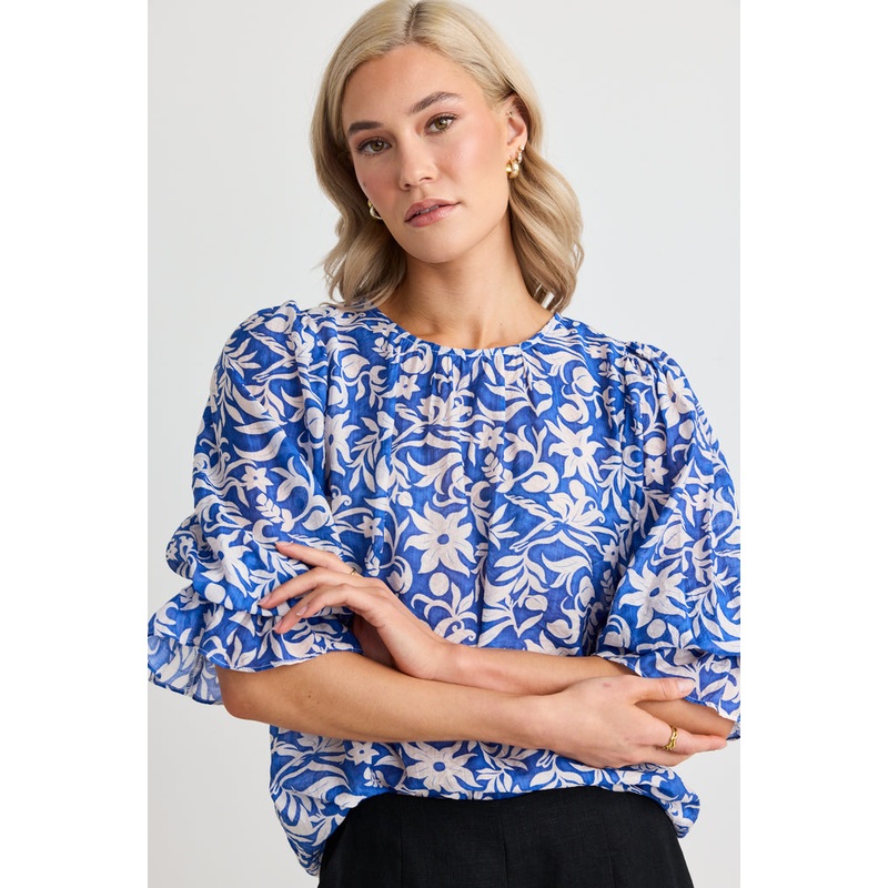 Candid Blue Batik Crew Neck SS Top