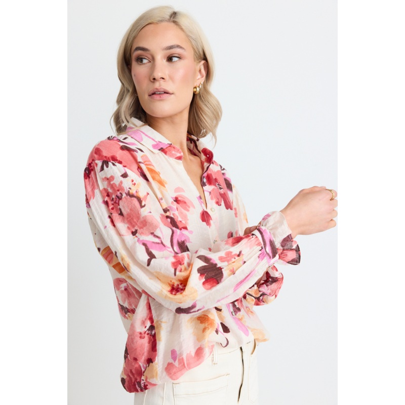 Connection Vintage Blush Floral Button Front Long Sleeve Blouse