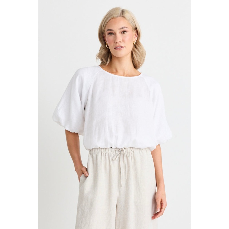 Matty White Linen Bubble Short Sleeve Top