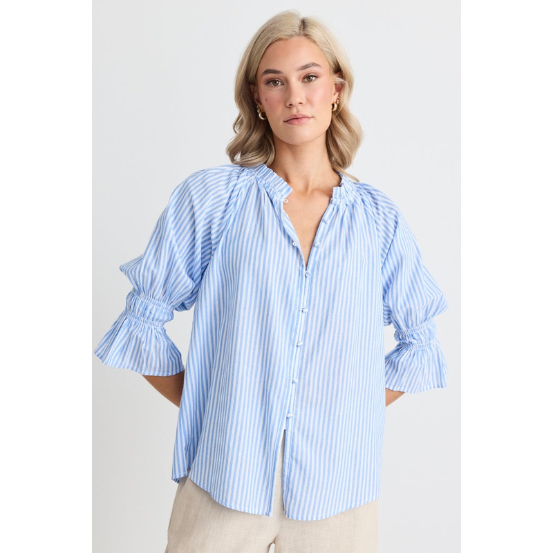 Noetic Blue Stripe Short Sleeve Blouse