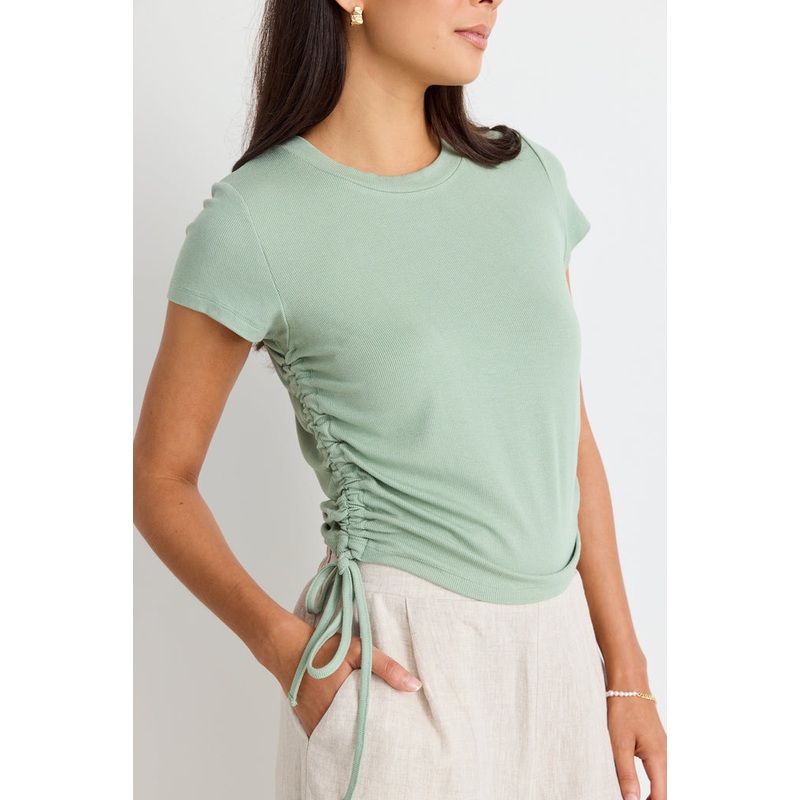 Perfect Sage Rib Rouched Side Crop Tee