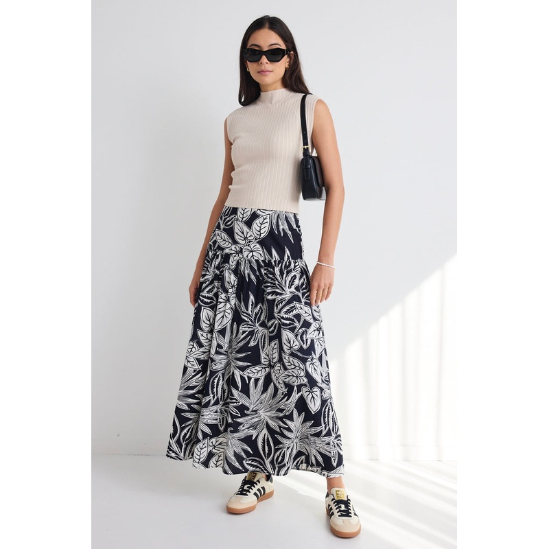 Pisces Black Leaf Tiered Maxi Skirt