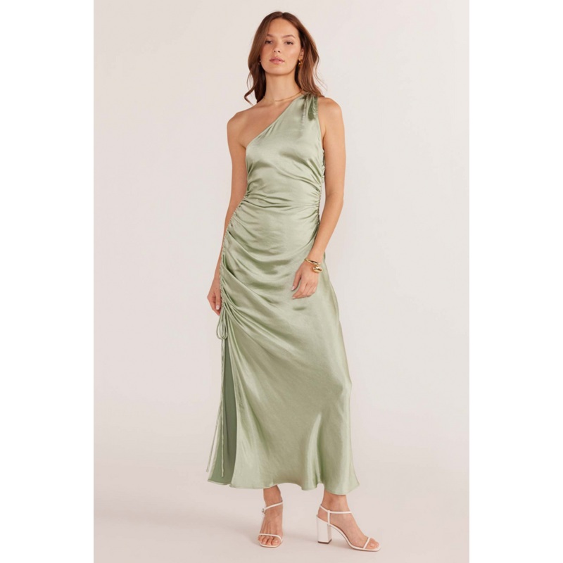 Verda Sage One Shoulder Satin Midi Dress